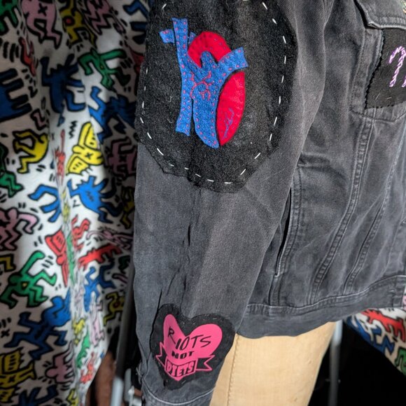 H&M Black Denim Highly Customized Jacket "WOW" Size XS - Picture 3 of 15